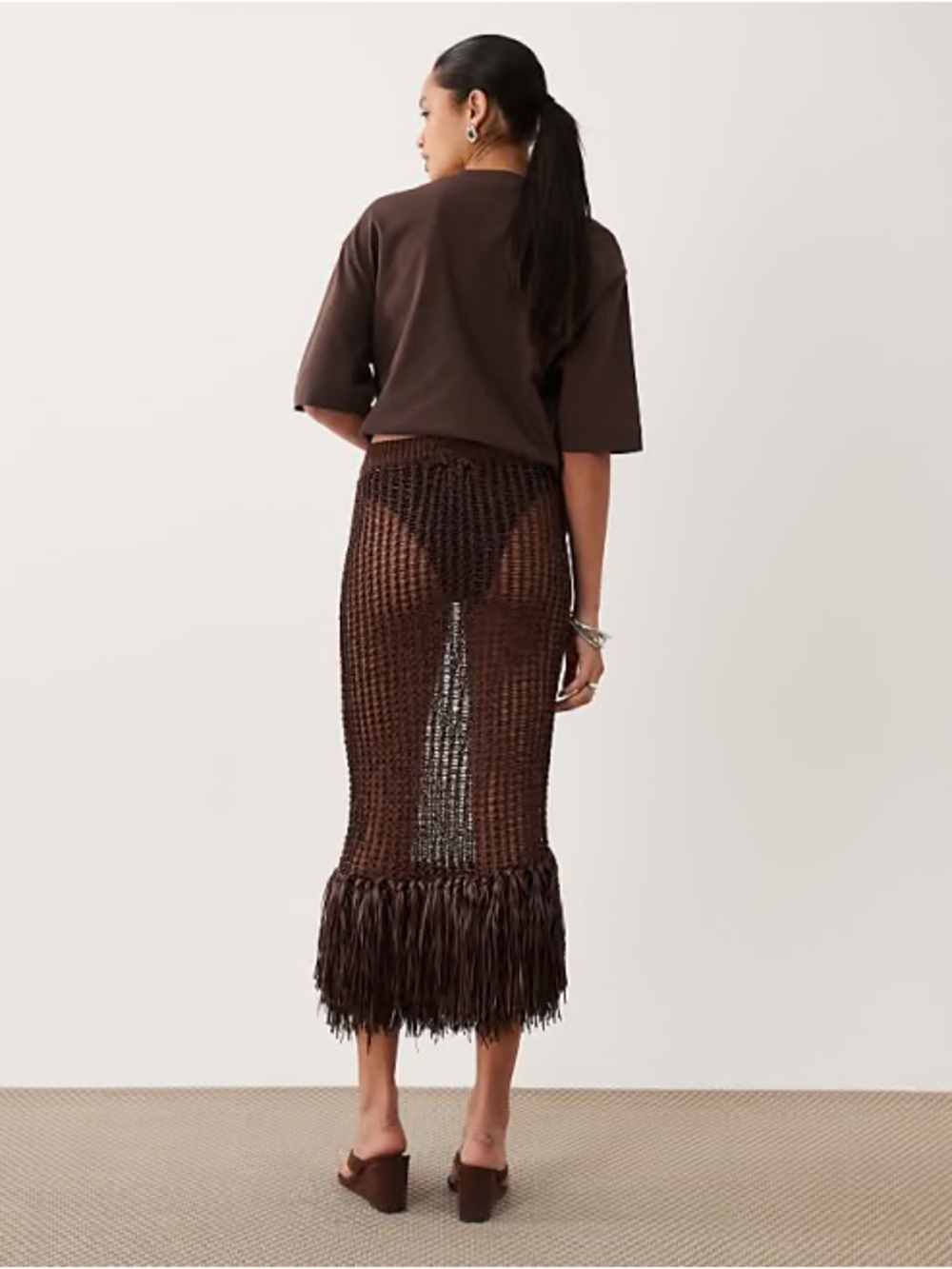 ASOS Brown Crochet Maxi Skirt with Fringe Hem